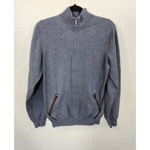 Massimo Dutti Cardigan Sweater Men Large Grey Cotton Cashmere Full Zip Mock Neck
